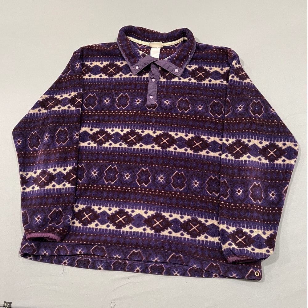 LL Bean Vintage Fleece Pullover Purple Aztec Geometric Print Snap Neck Large